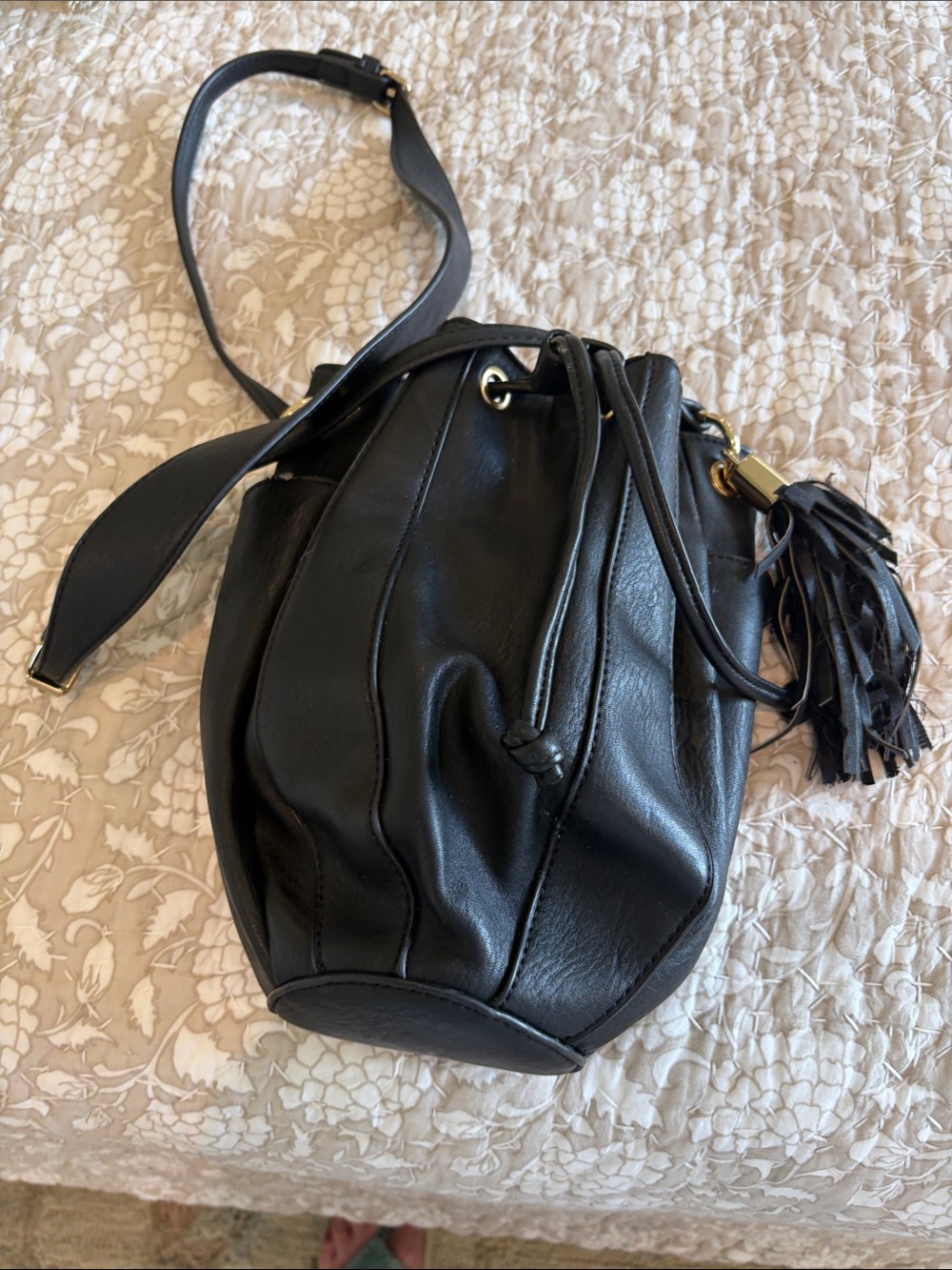 Black Leather Drawstring Bucket Bag with Tassel